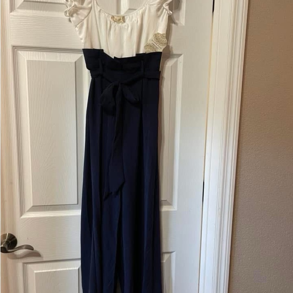 Altar'd State White and Navy Jumpsuit